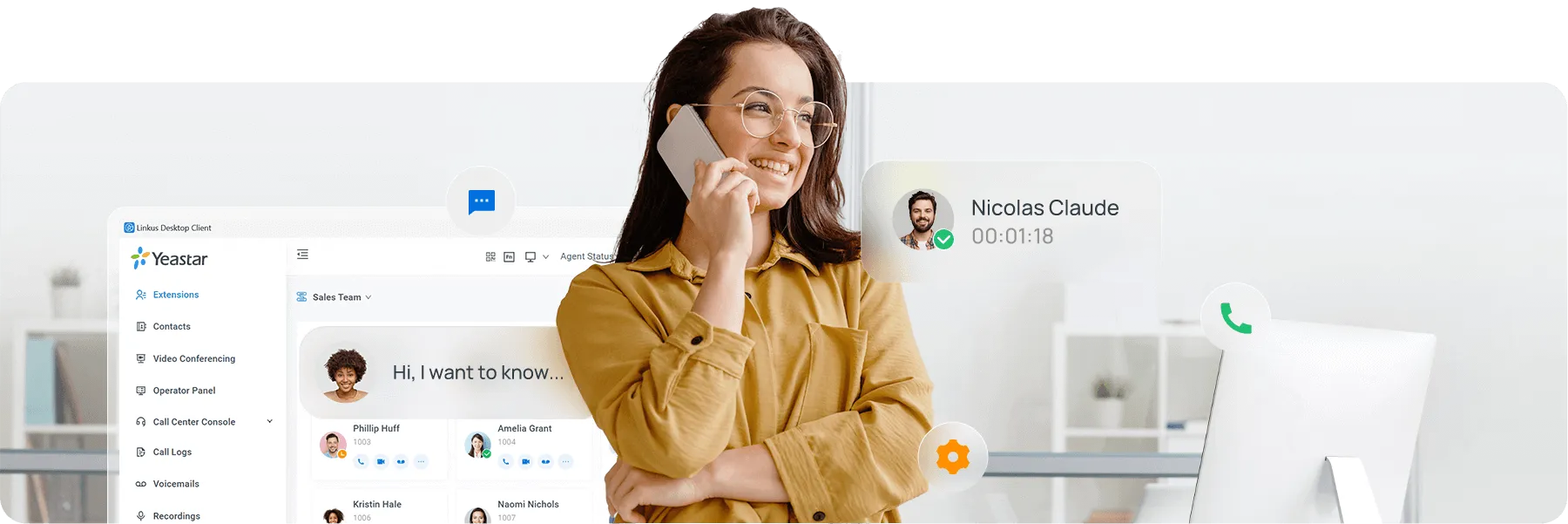 Pulse UC unified communications — desktop client with chat, video conferencing and call handling alongside a live phone call