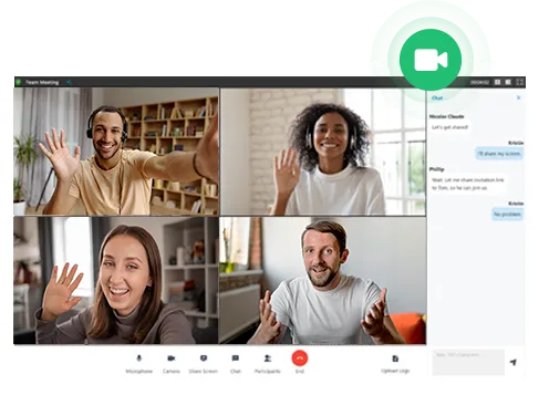 Pulse UC video conference with four participants, screen sharing and in-meeting chat