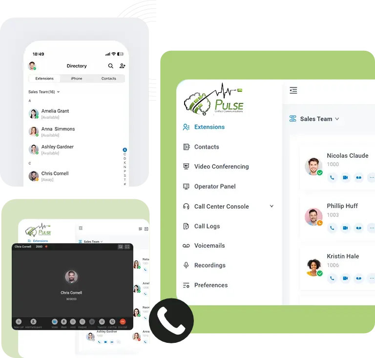 Pulse UC platform — desktop and mobile app showing directory, video calling and extensions
